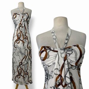 VTG Cache Quiet Luxury Equestrian Chain Print Halter Ruched Maxi Dress Small